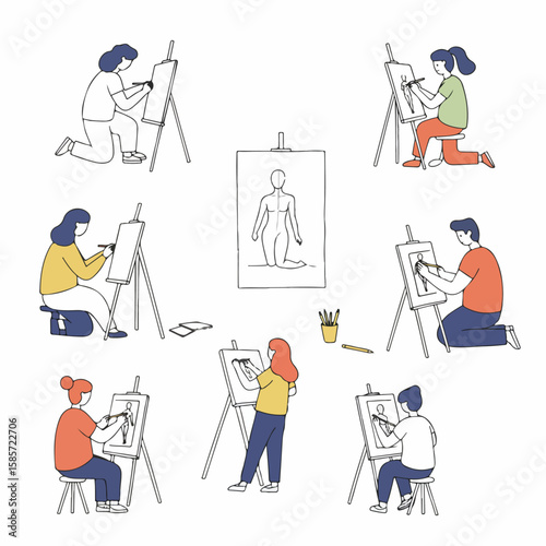 Diverse group of artists practicing human figure drawing in an art class, focusing on anatomy and creative development.