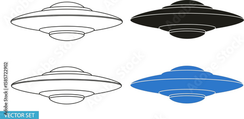 Set of four flying saucer icons in different styles and colors for design