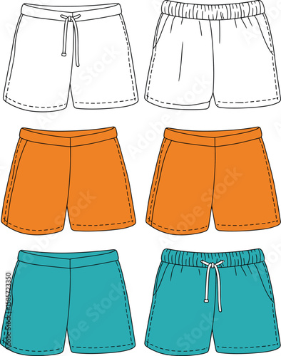 Men's shorts vector set, casual wear mockup, sport shorts design template, flat fashion sketch, beachwear illustration, summer bottom apparel