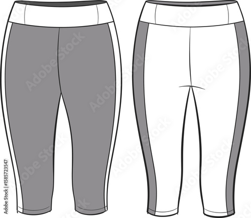 Women's leggings flat sketch, activewear pants template, fitness capri design, fashion vector mockup, sportwear bottom drawing, athletic apparel illustration