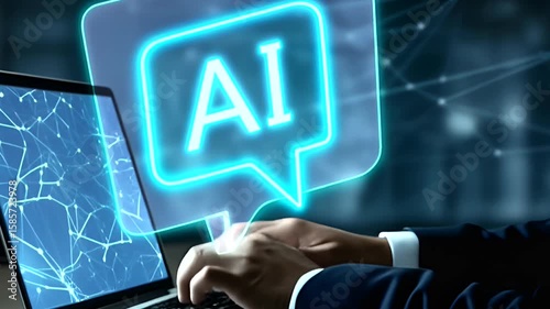 A person is typing on a laptop with a blue screen that says AI