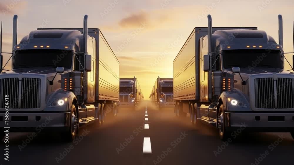 Truck Convoy on Highway at Sunset: Logistics Transportation and Supply Chain. Truck Convoy on Highway at Sunset: Logistics Transportation and Supply Chain.
