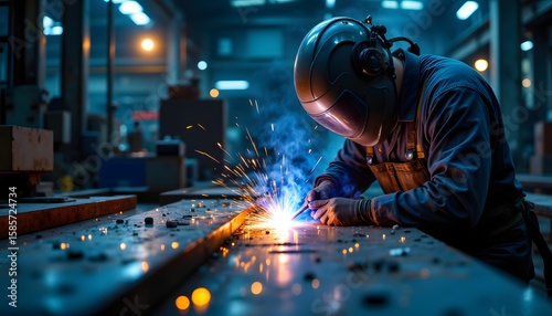 symphony of clanging metal and the rhythmic hum of machinery, a figure encased in protective gear meticulously joins two massive steel plates