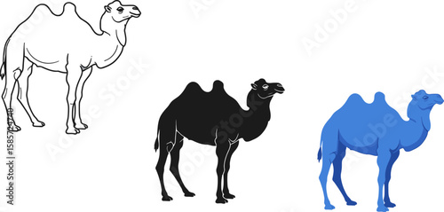 Three stylized camels in outline silhouette and blue color on white background