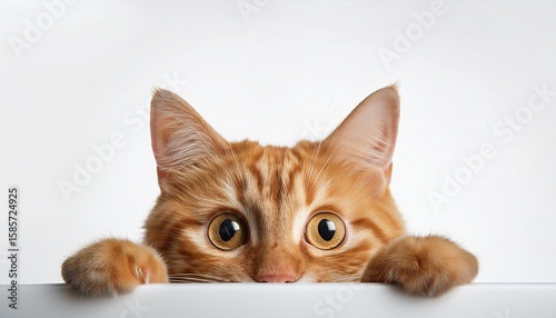 ginger cat peeking curiously over a white surface against a clean white background with lots of copy space