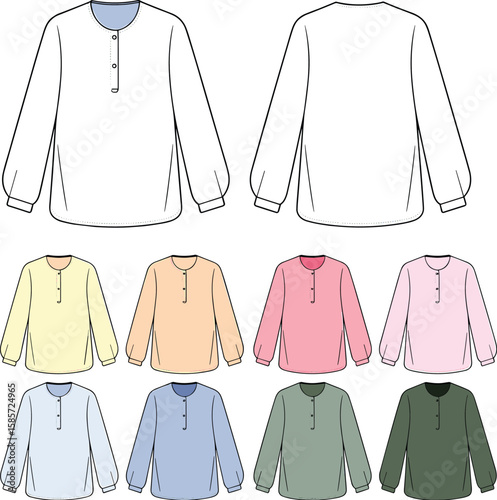 Men's henley shirt vector, long sleeve top mockup, fashion flat sketch, casual wear template, buttoned neckline design illustration