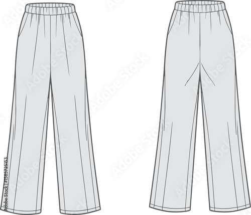 Basic wide leg casual pants for women, soft fabric, elastic waistband, front and back view, everyday lounge fashion wear
