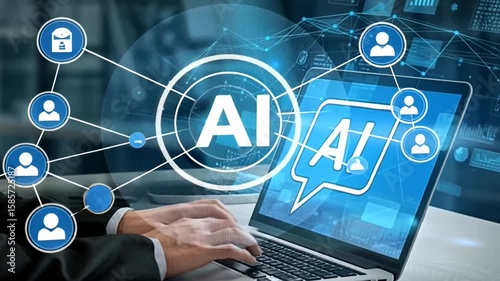 A laptop screen shows a blue word that says AI