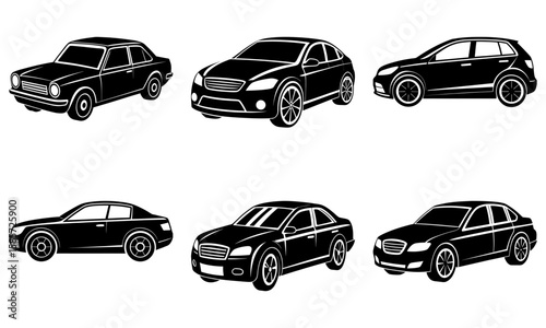 Collection of six black and white car illustrations in different styles