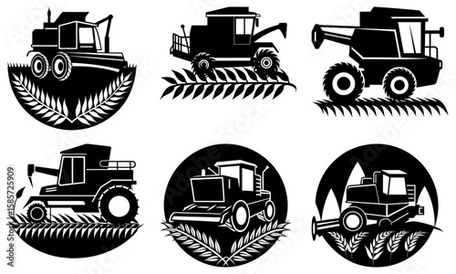 Collection of black and white harvester illustrations with wheat design