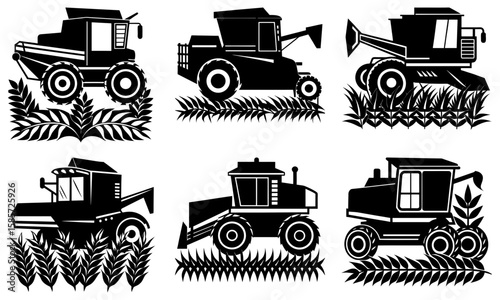 A collection of six black and white combine harvesters with wheat plants