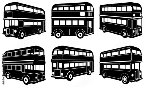 Collection of six black and white double decker bus vector illustrations