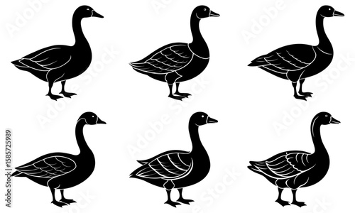 Six black geese standing in two rows against a white background art