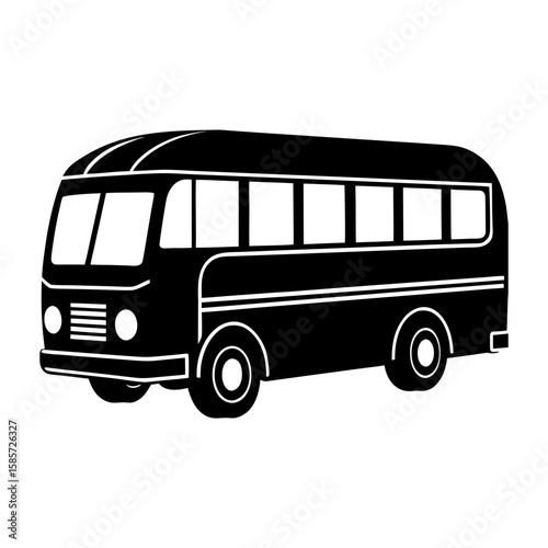 Illustration of a black bus with white windows and wheel details side view