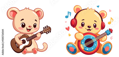 Cute cartoon bears playing musical instruments in pastel colors  