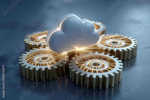 Digital integration of cloud technology and mechanical gears showcasing innovation and connectivity