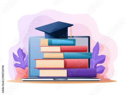Stack of colorful books and a graduation cap in front of a laptop, symbolizing online education and e-learning.