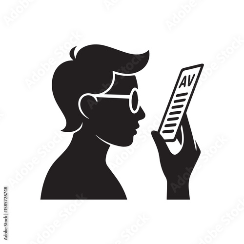 A silhouette of a person wearing glasses, looking at an eye chart labeled av, isolated on a white background