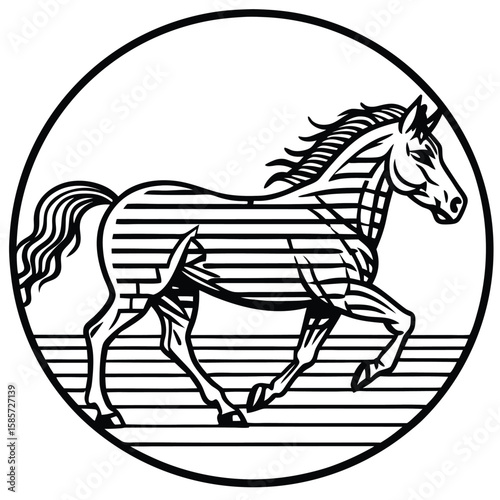 Circular vintage illustration of a majestic running horse in motion