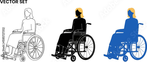 Set of three vector illustrations of a woman sitting in a wheelchair