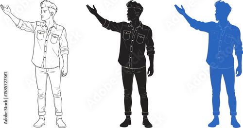 Modern man in casual attire poses with open hand gesture