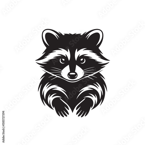 A stylized black and white illustration of a cute raccoon with its distinctive facial mask and bushy tail
