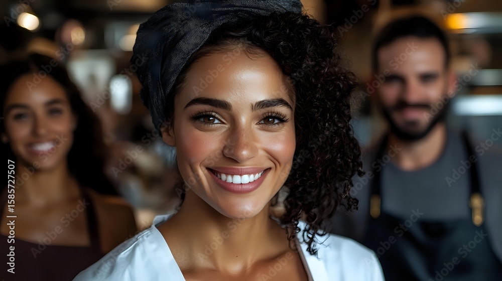 Fototapeta premium Young African American woman with curly hair and bright smile in casual white top against blurred cafe background with diverse coworkers, expressing joy and confidence.