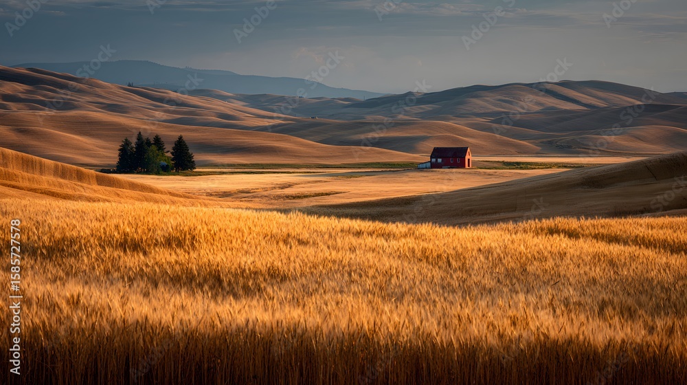 Obraz premium Golden wheat farmland stretching across rolling hill under soft late summer sky single red barn distance natural countryside scene captured wide human eye perspective warm golden hour light calm wind