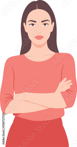Confident woman with crossed arms standing against a white background