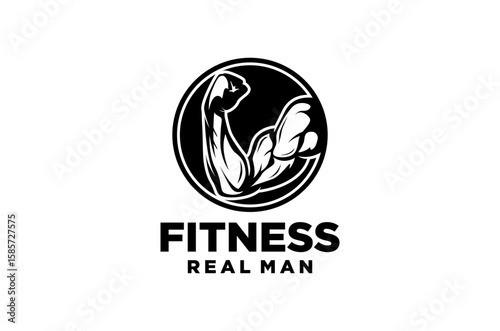 Strong bicep logo design for fitness centers. Showing off a man muscular arm. Vector silhouette illustration. Gym Fitness Sport.