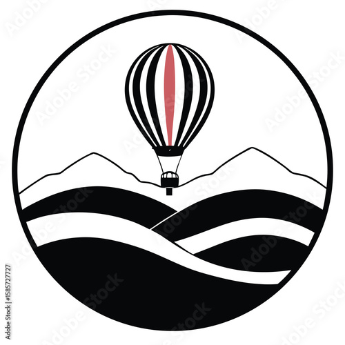 Vintage hot air balloon soaring gracefully above rolling hills at sunrise