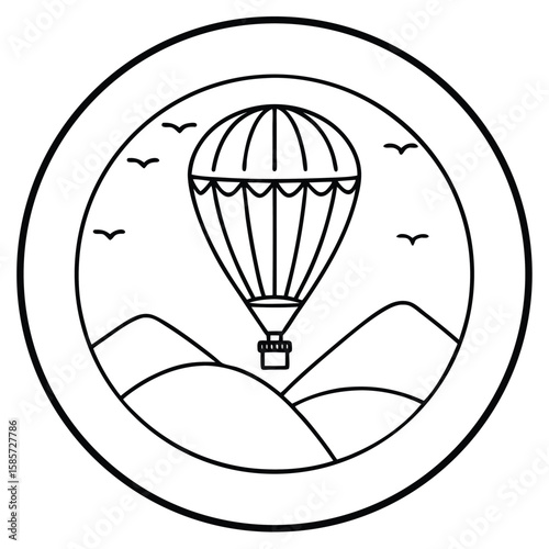 Vintage hot air balloon gracefully soaring above rolling hills landscape