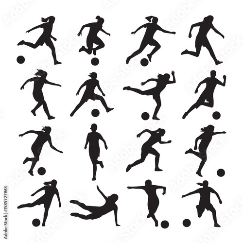 A vibrant set of female soccer players in silhouette, captured in various dynamic poses during a match Vector Art