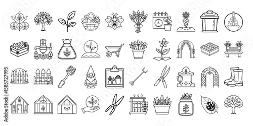 Gardening icons:  black and white line art, minimalist style, spring mood.