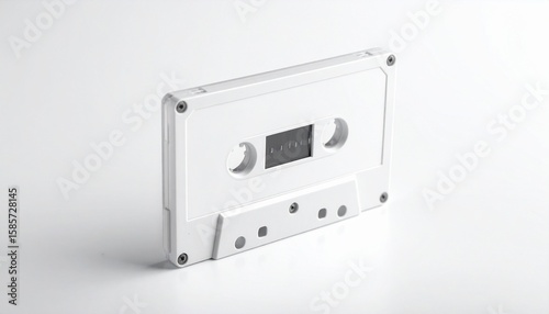A transparent cassette tape with a white label—its reels frozen mid-wind against a pale surface—evokes themes of analog memory, suspended narrative, and the quiet tension between recording and erasure