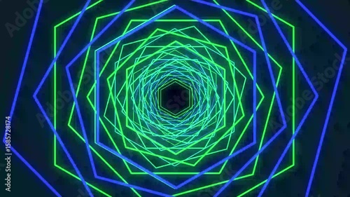 A neon hexagon tunnel with random rotations, forming a dynamic and futuristic technology background. The seamless 3D animation features glowing lines, geometric depth, and immersive motion ideal for s