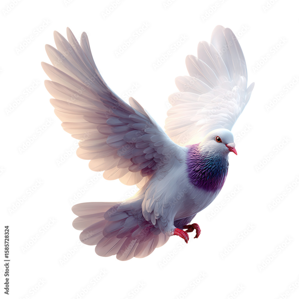 Fototapeta premium Majestic White Pigeon in Flight with Feathers Displayed Gracefully