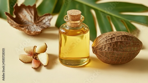 Baobab oil beside baobab fruit and tropical leaves on a beige background .