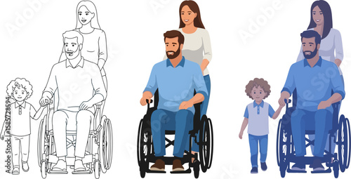 Happy family with father in wheelchair and son walking together