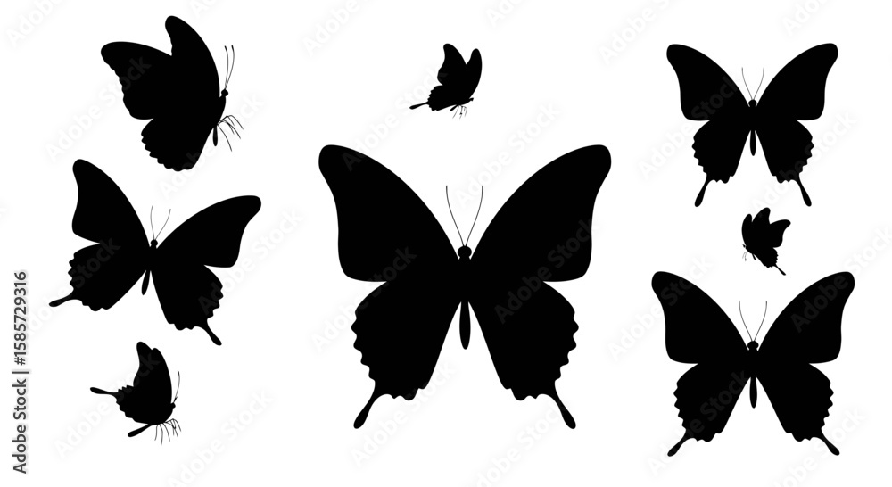 Fototapeta premium Black butterfly silhouettes against white background create a visually appealing pattern