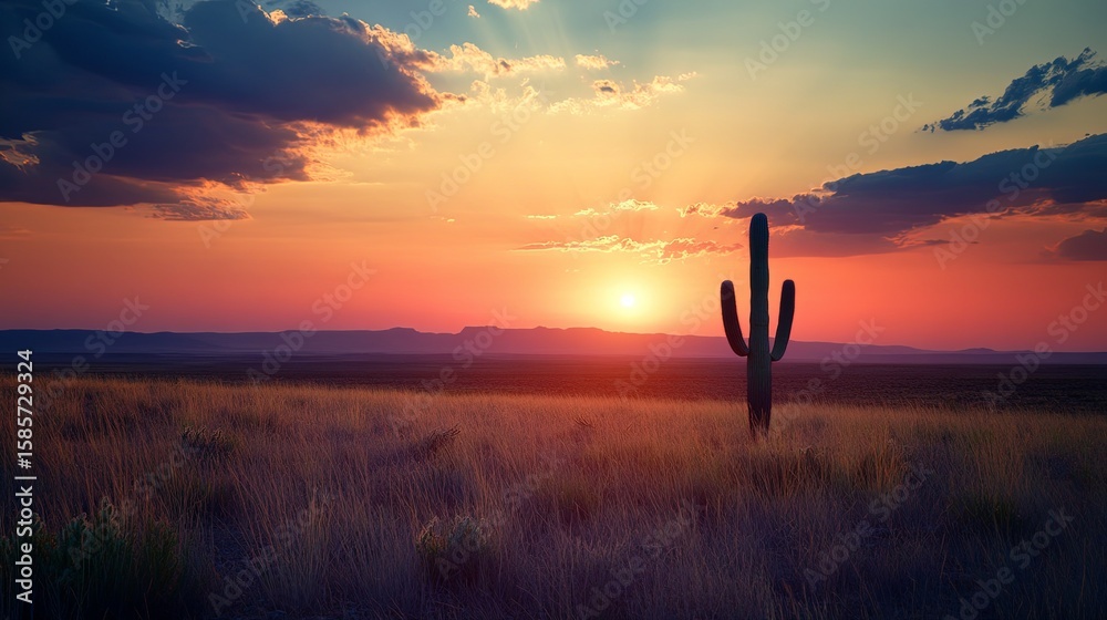 A sunset over the plains with a lone cactus in the foreground - . A sunset over the plains with a lone cactus in the foreground - .