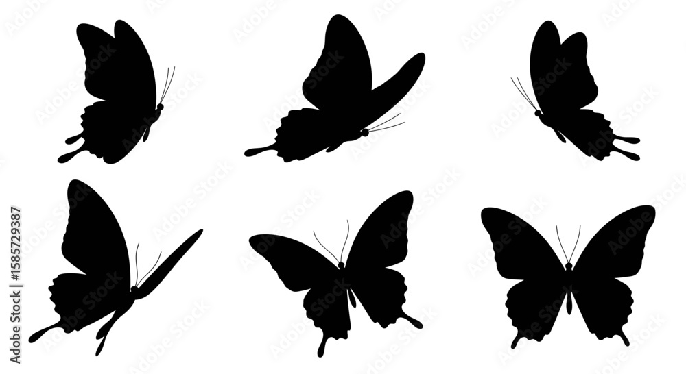 Fototapeta premium Elegant collection of black butterfly silhouettes on a clean white background