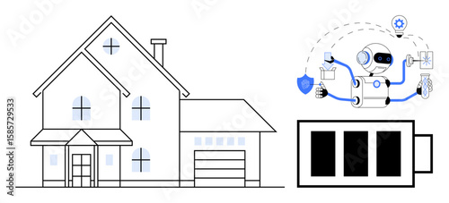 Smart home with energy storage battery, robotic assistant visualizing connectivity, and automation. Ideal for IoT, home efficiency, robotics, AI, sustainability, smart living renewable energy