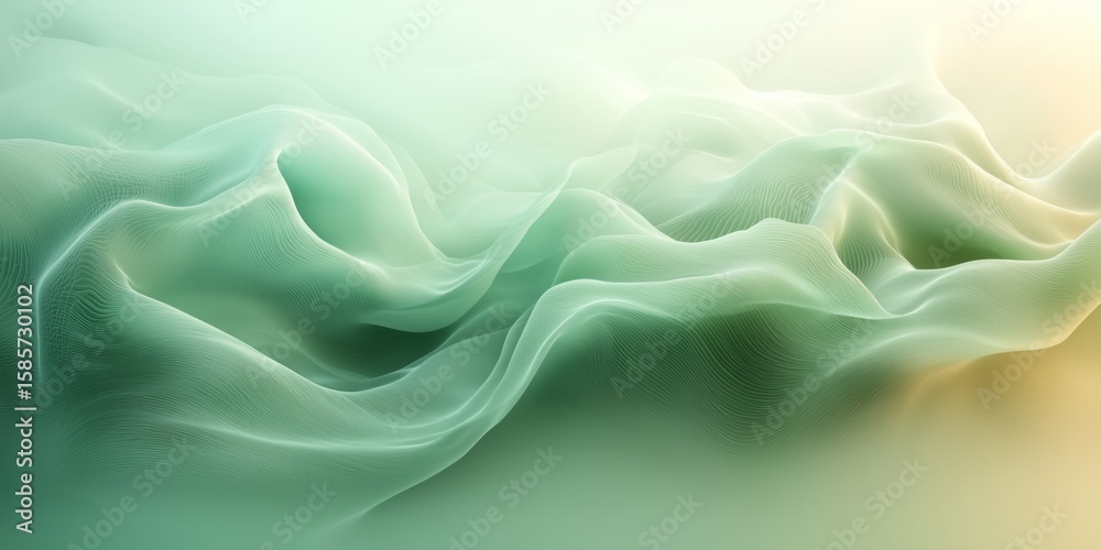Obraz premium Subtle abstract waves in pale green and sand tones, representing growth and tranquility, with a flowing composition that leaves the right side open for text