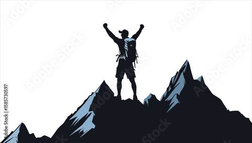 A person on a mountain peak at sunset, arms raised in victory