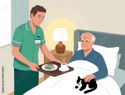 Caregiver Bringing Meal to Elderly Patient