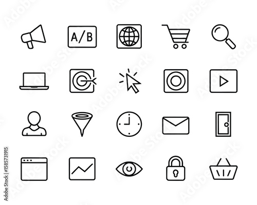 Editable Line Style Digital marketing icons. Target, conversion, email, analytics, e-commerce, campaign, SEO, SEM, security, cookie, user, tracking