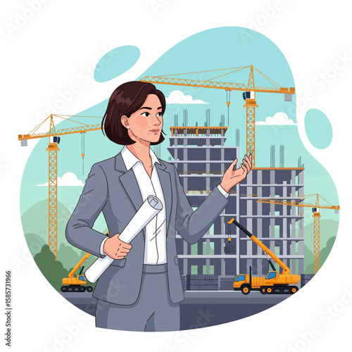 Female architect with blueprints at a construction site.