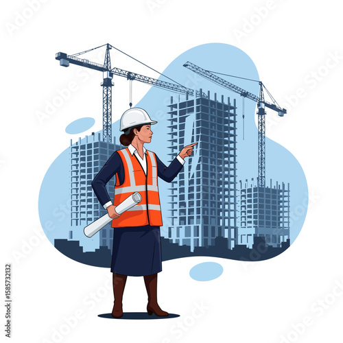 Female architect with blueprints at a construction site.
