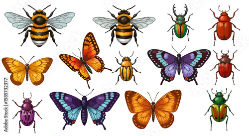 Diverse collection of vibrant and detailed cartoon insects, perfect for educational materials